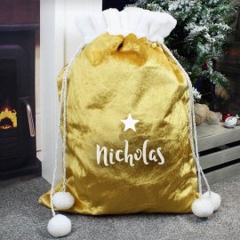 (image for) Personalised Name Only Gold Luxury Pom Pom Sack