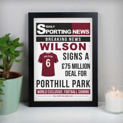 (image for) Personalised Football Signing Newspaper A4 Black Framed Print