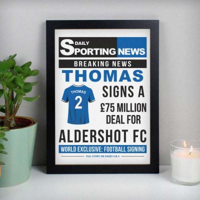 (image for) Personalised Football Signing Newspaper A4 Black Framed Print