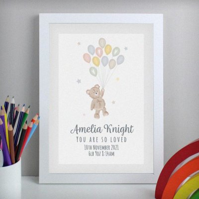 (image for) Personalised Teddy & Balloons A4 White Framed Print
