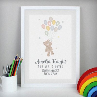 (image for) Personalised Teddy & Balloons A3 White Framed Print
