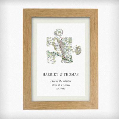 (image for) Personalised Present Day Map Puzzle Piece A4 Oak Framed Print