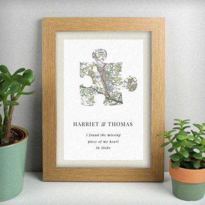 (image for) Personalised Present Day Map Puzzle Piece A4 Oak Framed Print
