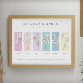 (image for) Personalised Birth Flower Family of 6 Oak Framed Print