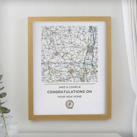 (image for) Personalised Present Day Map Compass Oak Poster Frame