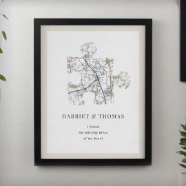 (image for) Personalised Present Day Map Puzzle Piece Black Poster Frame