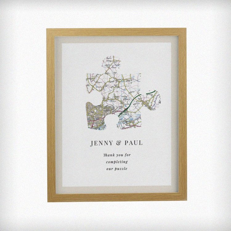 Modal Additional Images for Personalised Present Day Map Puzzle Piece Oak Poster Frame