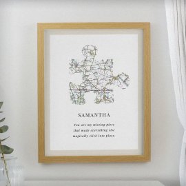 (image for) Personalised Present Day Map Puzzle Piece Oak Poster Frame