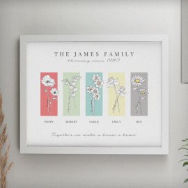 (image for) Personalised Birth Flower Family of 5 White Framed Print