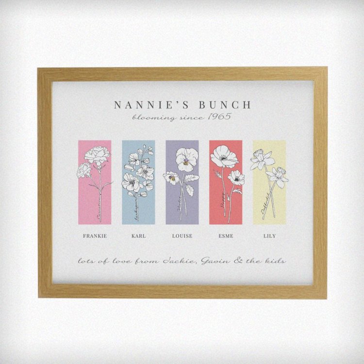 Modal Additional Images for Personalised Birth Flower Family of 5 Oak Framed Print