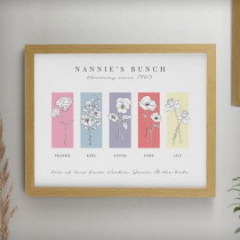 (image for) Personalised Birth Flower Family of 5 Oak Framed Print