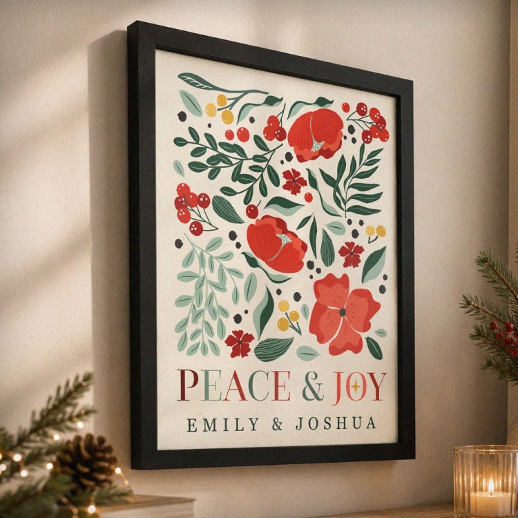 Modal Additional Images for Personalised Poinsettia Black Poster Framed Print