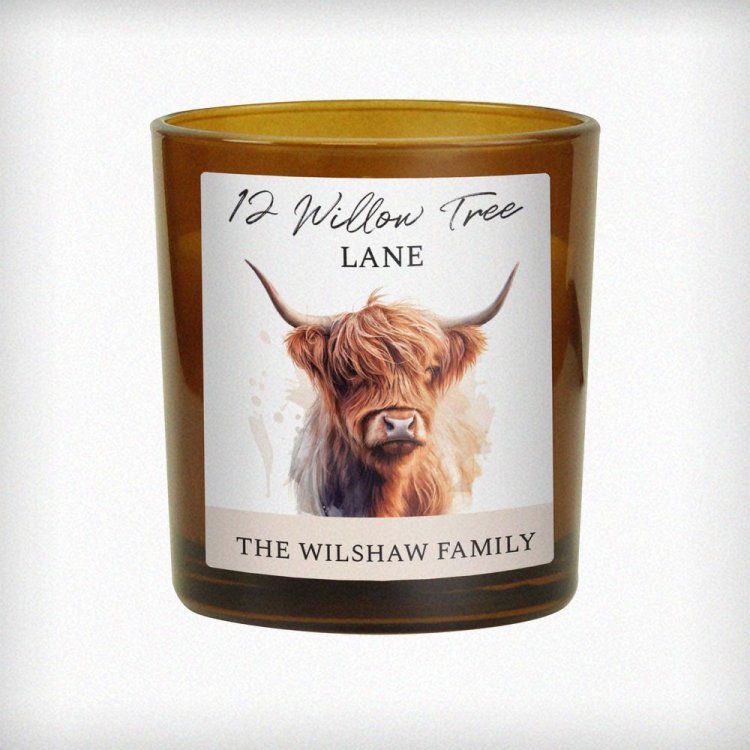 Modal Additional Images for Personalised Highland Cow Amber Glass Candle