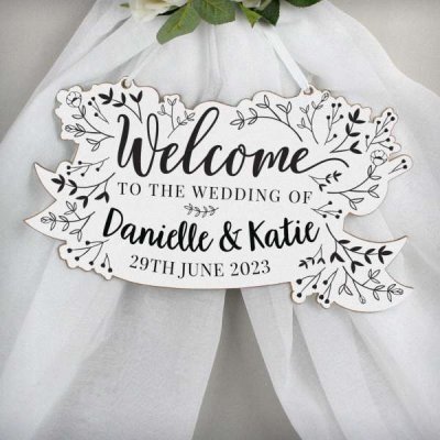 (image for) Personalised Monochrome Floral Wedding Wooden Hanging Decoration