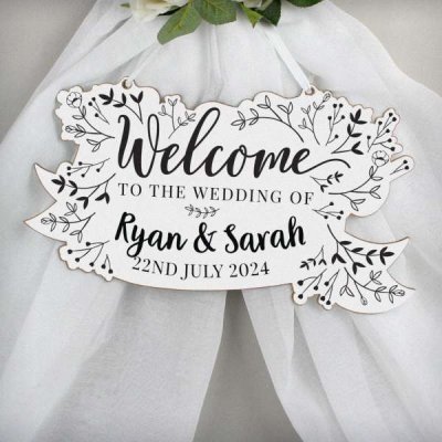 (image for) Personalised Monochrome Floral Wedding Wooden Hanging Decoration