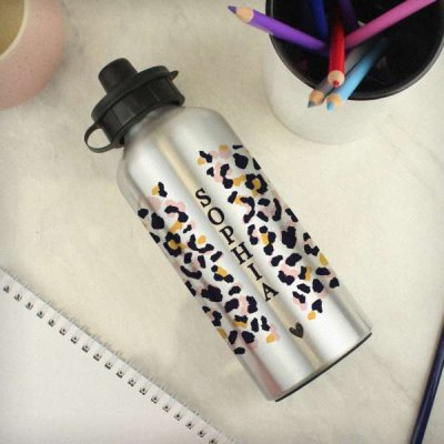 (image for) Personalised Leopard Print Silver Drinks Bottle