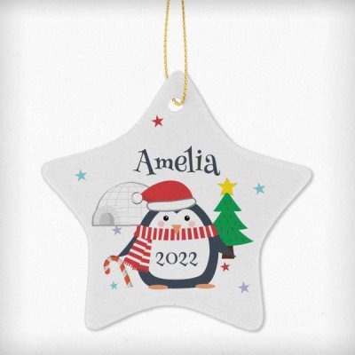 (image for) Personalised Christmas Penguin Ceramic Star Decoration