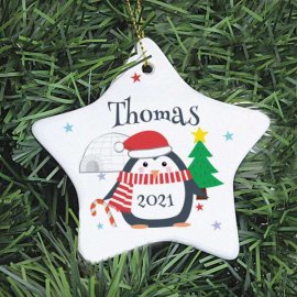(image for) Personalised Christmas Penguin Ceramic Star Decoration