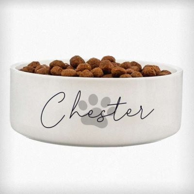 (image for) Personalised Grey Pawprint Name 14cm Medium Pet Bowl