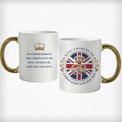 (image for) Personalised King Charles III Union Jack Coronation Commemorative Gold Handled Mug