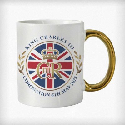 (image for) Personalised King Charles III Union Jack Coronation Commemorative Gold Handled Mug