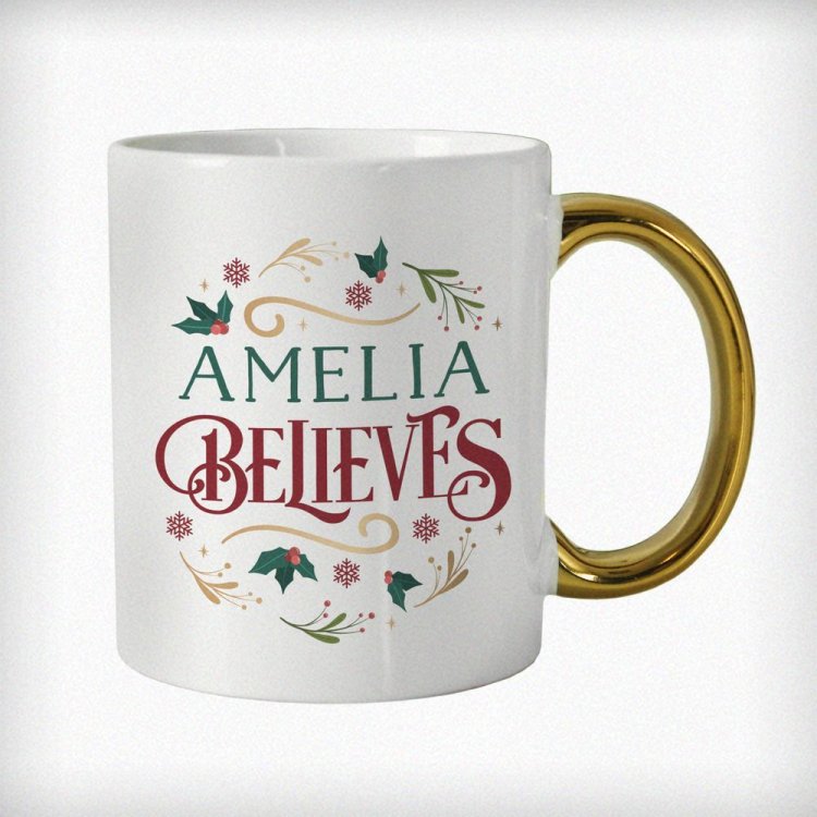 Modal Additional Images for Personalised Believes In Christmas Gold Handled Mug