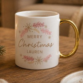 (image for) Personalised Pink & Gold Wreath Gold Handled Mug