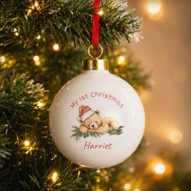 (image for) Personalised Sleepy Christmas Bear Ceramic Bauble