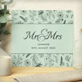 (image for) Personalised Mr & Mrs Botanical Glass Chopping Board/Worktop Saver