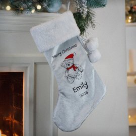 (image for) Personalised Christmas Teddy Silver Grey Stocking