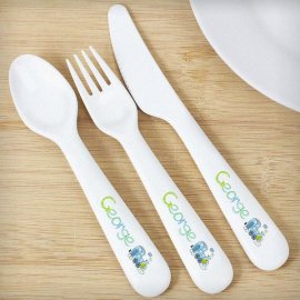 (image for) Personalised Patchwork Train 3 Piece Plastic Cutlery Set