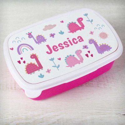 (image for) Personalised Girly Dinosaurs Name Only Pink Lunch Box