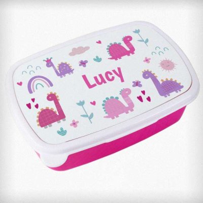 (image for) Personalised Girly Dinosaurs Name Only Pink Lunch Box