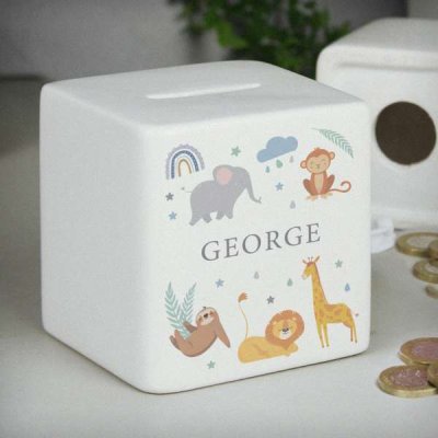 (image for) Personalised Safari Animals Ceramic Square Moneybox