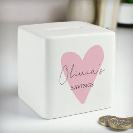 (image for) Personalised Pink Heart Ceramic Square Money Box