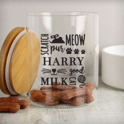 (image for) Personalised Glass Cat Treat jar with Bamboo Lid