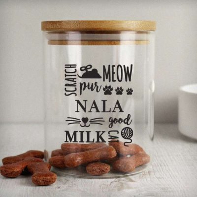 (image for) Personalised Glass Cat Treat jar with Bamboo Lid