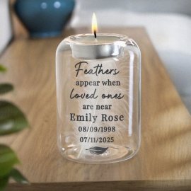 (image for) Personalised Loved Ones Memorial Feather Tealight Holder