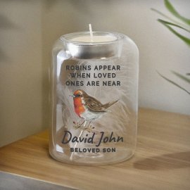 (image for) Personalised Robin Memorial Feather Tealight Holder