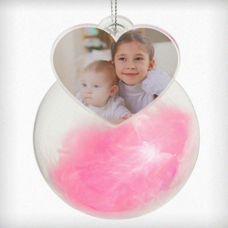 Modal Additional Images for Personalised Photo Upload Pink Feather Glass Bauble