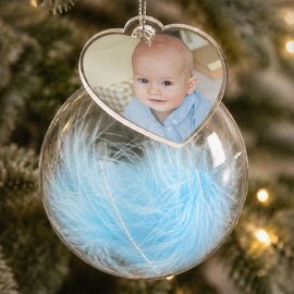 (image for) Personalised Photo Upload Blue Feather Glass Bauble
