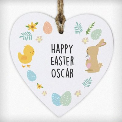 (image for) Personalised Easter Bunny & Chick Wooden Heart Decoration