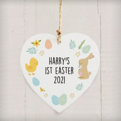 (image for) Personalised Easter Bunny & Chick Wooden Heart Decoration
