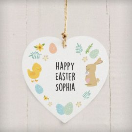 (image for) Personalised Easter Bunny & Chick Wooden Heart Decoration