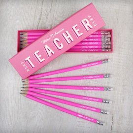 (image for) Personalised Best Teacher Ever Box and 12 Pink HB Pencils