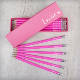 (image for) Personalised Heart Box and 12 Pink HB Pencils