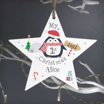 (image for) Personalised 1st Christmas Penguin Wooden Star Decoration