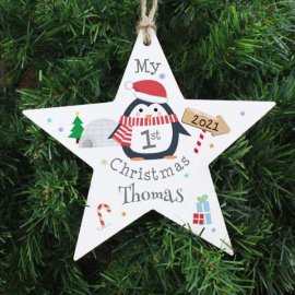 (image for) Personalised 1st Christmas Penguin Wooden Star Decoration