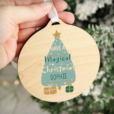 (image for) Personalised Christmas Tree Round Wooden Bauble Decoration