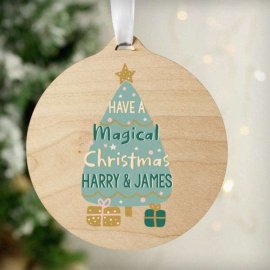 (image for) Personalised Christmas Tree Round Wooden Bauble Decoration